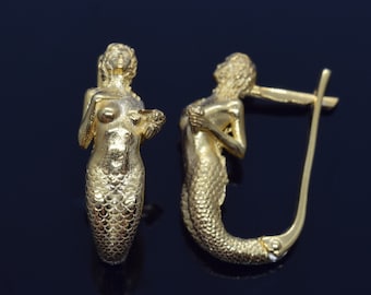 Mermaid Gold Plated Silver Earrings, Unique Little Mermaid Earrings, Mermaid Jewelry