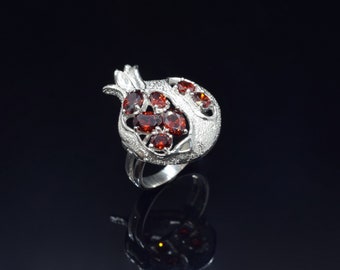 Pomegranate Silver Garnet Women Ring, Persephone  Greek Mythology Red Garnet Ring