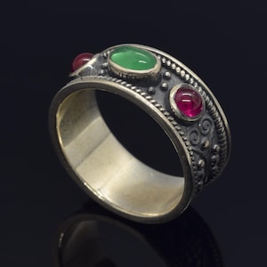 Medieval Ancient Greek Silver Ring, Etruscan Emerald Ring