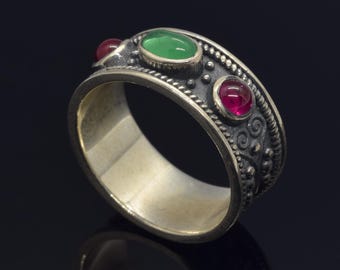 Medieval Ancient Greek Silver Ring, Etruscan Emerald Ring