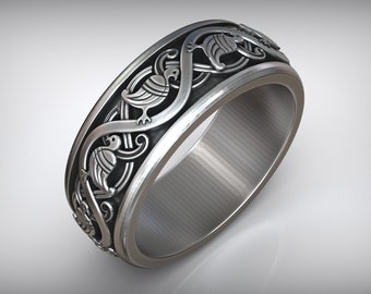 Bird & Celtic Knot Ring, Celtic Knotwork Silver Band With Pigeons, Symbolic Irish-Inspired Wedding Ring