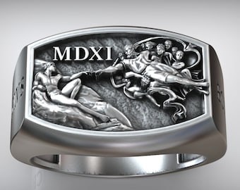 Michelangelo's Hand of God Signet Ring - Renaissance Sistine Chapel Inspired Silver Jewelry