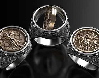 Vitruvian Man Spinner Coin Gothic Silver Signet Ring,Two Tone Gothic Da Vinci Medieval Silver Statement Ring