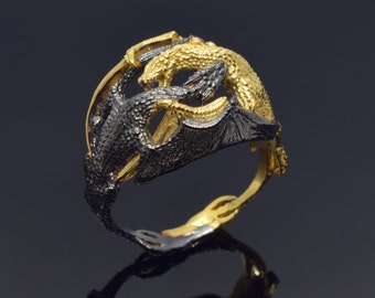 Dubbel stridande drakring, guld- och rodiumpläterad drakring i sterlingsilver, stor drakring, drakhuvudring, flygande drakring