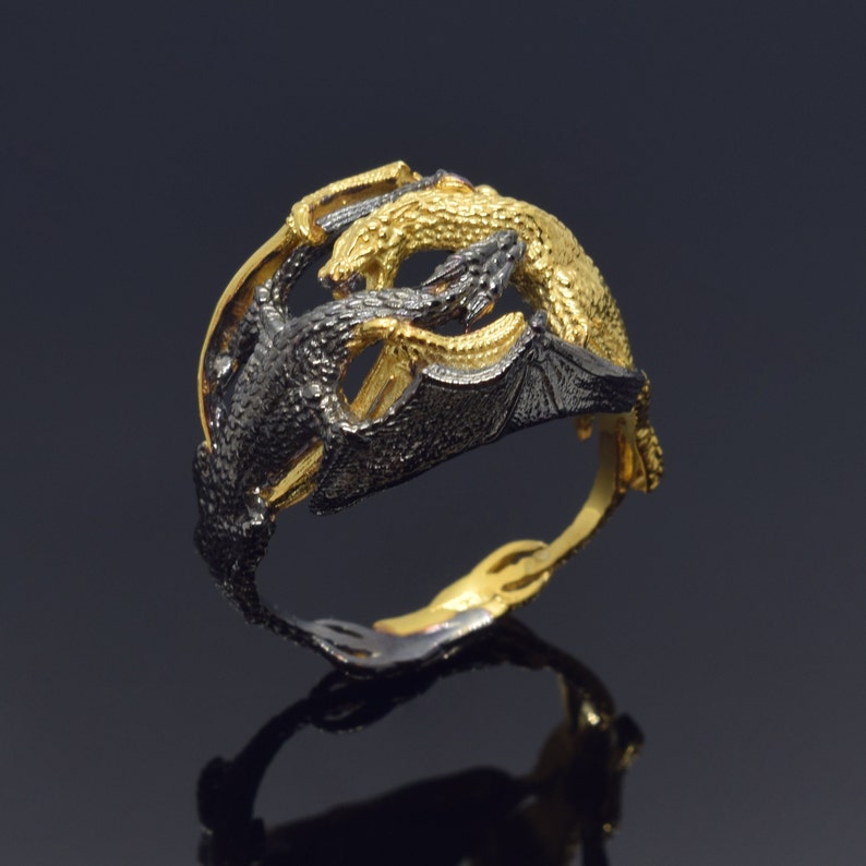 Two Dragon Rings Double Fighting Dragon Ring, Gold and Rhodium Plated Sterling Silver ...