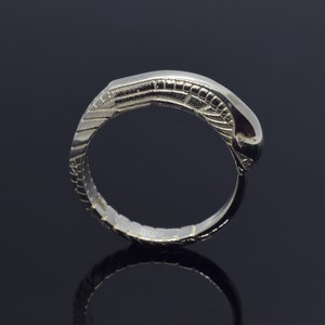 May include: A silver ring with a detailed design. The ring features a textured band and a sculpted top, possibly depicting a creature. The ring is shown against a dark background, highlighting its metallic sheen.