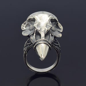 Puede incluir: Anillo plateado con un dise&ntilde;o detallado de calavera y detalles florales. El anillo tiene un elemento central puntiagudo y una banda texturizada. Los rasgos de la calavera est&aacute;n intrincadamente tallados, creando una est&eacute;tica g&oacute;tica.