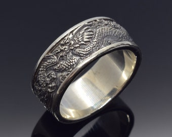 Japanese Dragon Silver Ring, Unique Gothic Band Jewelry