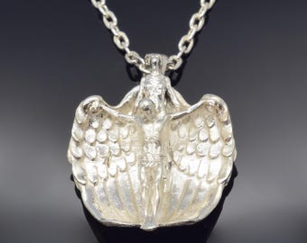 Angel Silver Necklace, Gothic Guardian Angel Pendant, Flying Guardian Angel Necklace