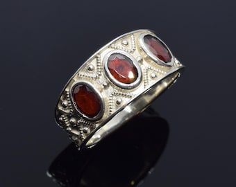 Medieval Garnet Silver Ring, Armenian Vintage Chunky Jewelry