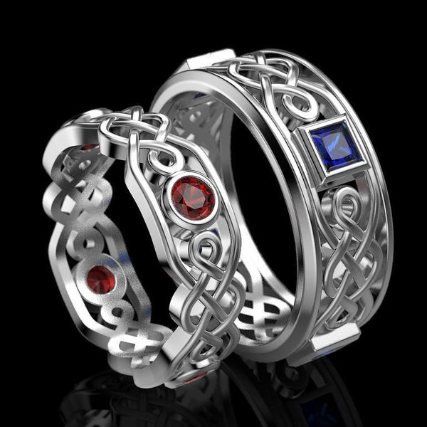 Celtic Love Knot Silver Ring Set with Zircons - Enchanting His & Hers Commitment Bands