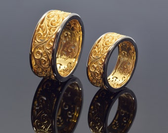 Unique Vintage-Style Wedding Couples Silver Rings, Handcrafted His and Hers Antique Bands