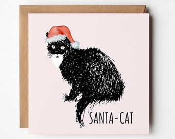 Santa Cat Christmas Cards - Pack of 10 - Inside is Blank - Envelope Included