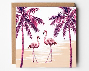 Pink Flamingos Art Watercolour Greetings Card, Thank You Card or Birthday Card for Her Inside is Blank - Envelope Included