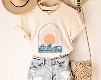 Sun & Ocean T-Shirt, Sunset Nature Beach Shirt, Spring Summer Shirt, Retro Style Unisex Crewneck 100% Cotton Bella Canvas Shirt