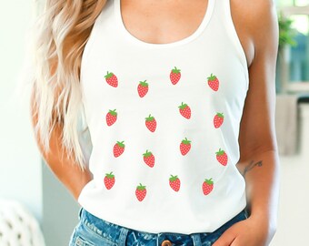 Cute Strawberry Racerback Tank Vest Top, Fruit Summer Vacation Tank Top, Kawaii Tank Top, Gift for Her, Coquette Clothing, Cottage Core Top