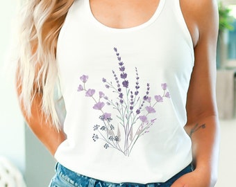 Women's Lavender & Wildflowers Print Racer Back Tank Top, Botanical Cottagecore Spring Summer Tank Top Vest Top, Plant Lover Gardener Gift