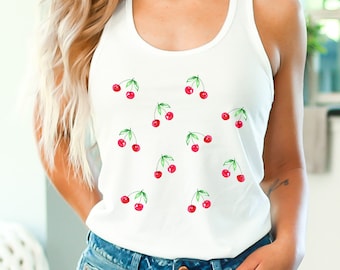 Cute Cherries Print Racerback Tank Vest Top, Summer Fruit Tank Top, Kawaii Tank Top, Coquette Clothing, Cottage Core Clothes Fashion Top