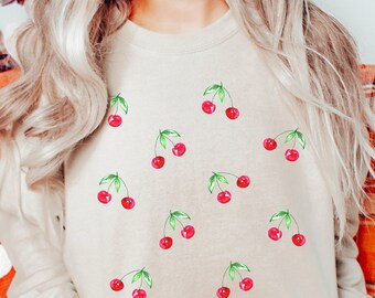 Cute Cherry Print Cottage Core Aesthetic Crewneck Sweatshirt, Cottagecore Clothes Clothing Fashion, Gardening Sweatshirt, Gift for Gardeners