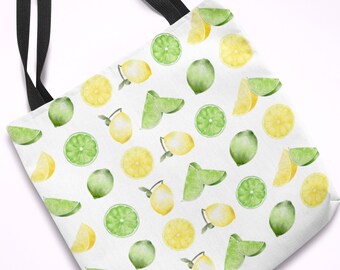 Cute Lemons & Limes Print Tote Bag, Summer Cottagecore Gardening Tote Bag, Mother's Day or Birthday Gift for Her Mom Daughter Sister Gran