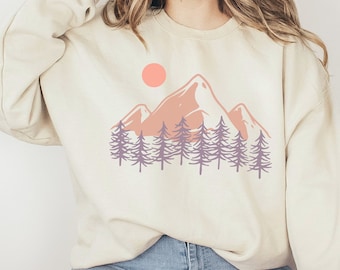 Arty Boho Trees Mountain Wilderness Camping Hiking Sunset Unisex Sweatshirt, Gift for Her Mom Daughter Sister Friend Mountain Nature Lovers