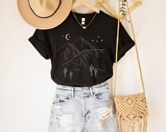 Desert Mountain Landscape T-Shirt Tee, Camping Hiking Climbing Shirt, Nature Lover Gift, Black Unisex Bella Canvas Cotton Shirt