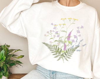 Floral Graphic Sweatshirt, Botanical Nature Sweatshirt, Spring Summer Sweatshirt, Plant Lover Gardener Gift, Gildan Unisex Sweatshirt
