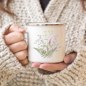 Wildflower Enamel Coffee Cup Mug, Cute Floral Flower Cottagecore Mug, Camping Campfire Mug, Gardening Mug Gift, Gift for Her Mom Grandma