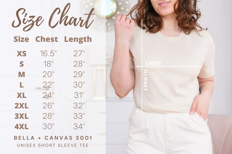 May include: Size chart for a unisex short sleeve tee, showing chest and length measurements in inches for sizes XS to 4XL. The chart shows measurements from 16.5 inches to 30 inches for chest and 27 inches to 34 inches for length.