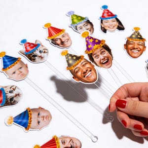 Custom Face Drink Stirrers, Personalized Photo Swizzle Sticks, Cocktail Stir Sticks, Birthday Party Hat Decor