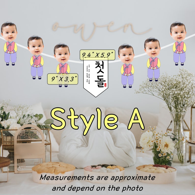 May include: A banner with a Korean design featuring a white background with a red and black banner that says "축돌" in Korean. The banner is decorated with 7 images of babies in traditional Korean clothing. The banner is 9.4 inches by 5.9 inches and the individual images are 9 inches by 3.3 inches. The banner is labeled "Style A".