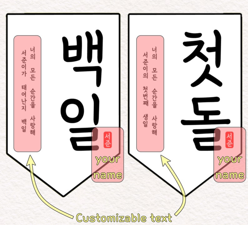 May include: Two white banners with black Korean characters, "Baek Il" and "Cheot Dol", meaning "100 days" and "first birthday".  Each banner has a pink rectangle with the text "Your name" and "Seojoun" in Korean.
