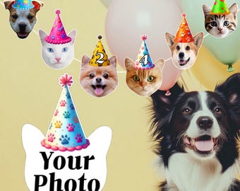 May include: A festive birthday banner featuring images of dogs and cats wearing party hats. The banner includes a large cat-shaped cutout with the text "Your Photo" and paw print details. Balloons in the background add to the celebratory atmosphere.