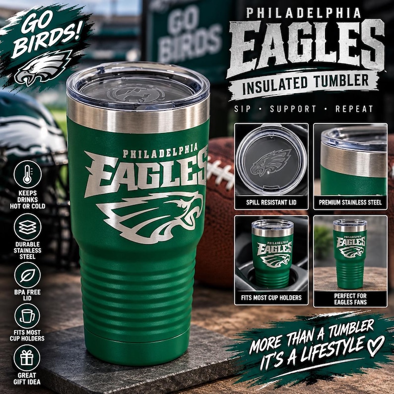 Pu&ograve; includere: Un bicchiere termico in acciaio inossidabile verde con il logo e la scritta Philadelphia Eagles. Il bicchiere presenta una base scanalata, un coperchio trasparente a prova di perdite ed &egrave; progettato per adattarsi ai portabicchieri standard.