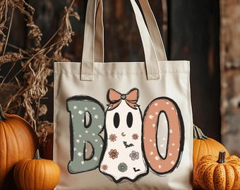 Halloween Ghost Tote Bag, Boo Tote Bag, Spooky Ghost Bag, Pumpkin Trick or Treat Bag, Canvas Tote for Halloween Gifts