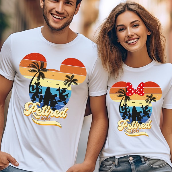 Disney Retirement Couple Shirt, Retro Sunset Retired 2024 Mickey Sweatshirts, Disney Family Retirement Shirt, Minnie Ears Retirement Hoodies