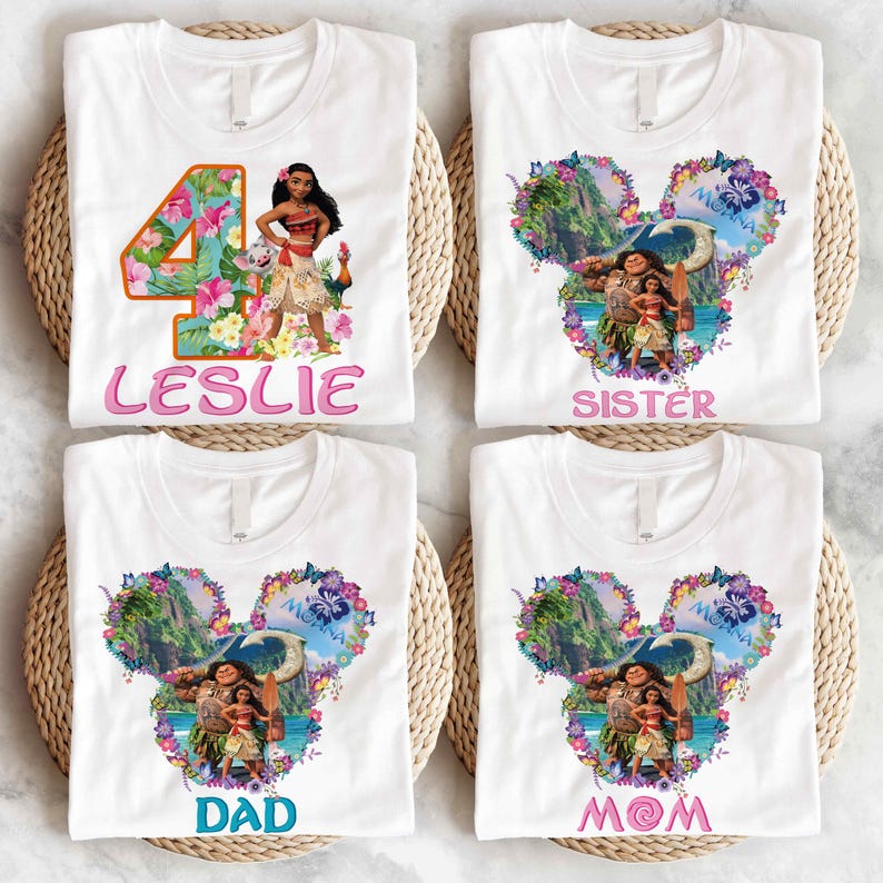 a set of four personalized disney shirts