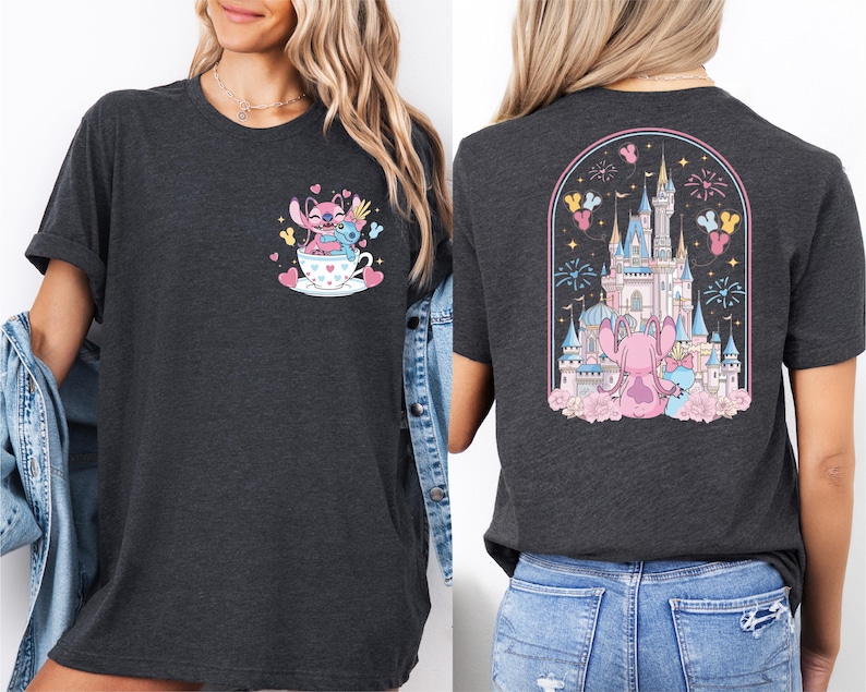 a woman wearing a black t-shirt with a graphic design on the front and back. The design on the front depicts a character from the Disney movie Lilo and Stitch, while the back of the t-shirt shows a castle and fireworks.