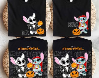 Disney Spooky Par T-shirts, Stitch and Angel Nightmare T-shirt, Disneyworld Halloween Partröja, Stitch and Angel Spooky Season T-shirt