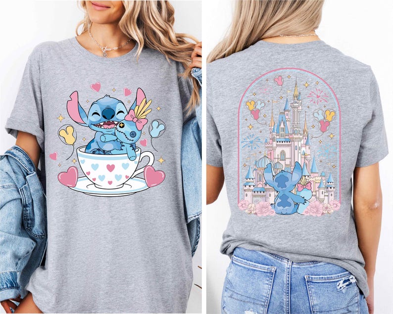 The image is a collage of two photos featuring a gray t-shirt with a cartoon character and a castle. The front photo shows the character sitting in a teacup, surrounded by hearts and flowers, while the back photo shows the same character standing in front of a castle.