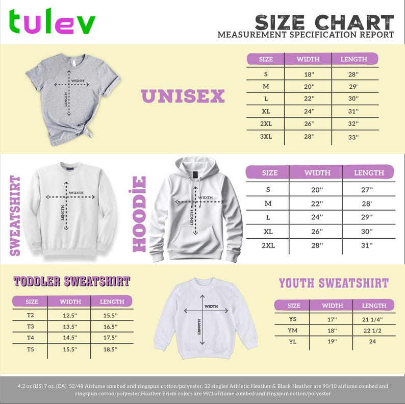 The image is a size chart for children's clothing, including a toddler sweatshirt and a youth sweatshirt. The chart provides measurements for different sizes, such as S, M, L, XL, XXL, and 3XL, along with corresponding widths and lengths. The chart is designed to help parents and caregivers determine the appropriate size for their child based on their height and weight.