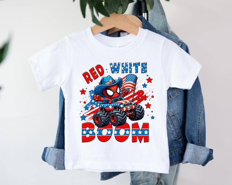 A white t-shirt with a graphic design featuring a character riding a vehicle with the text "RED WHITE BOOM" printed on it.
