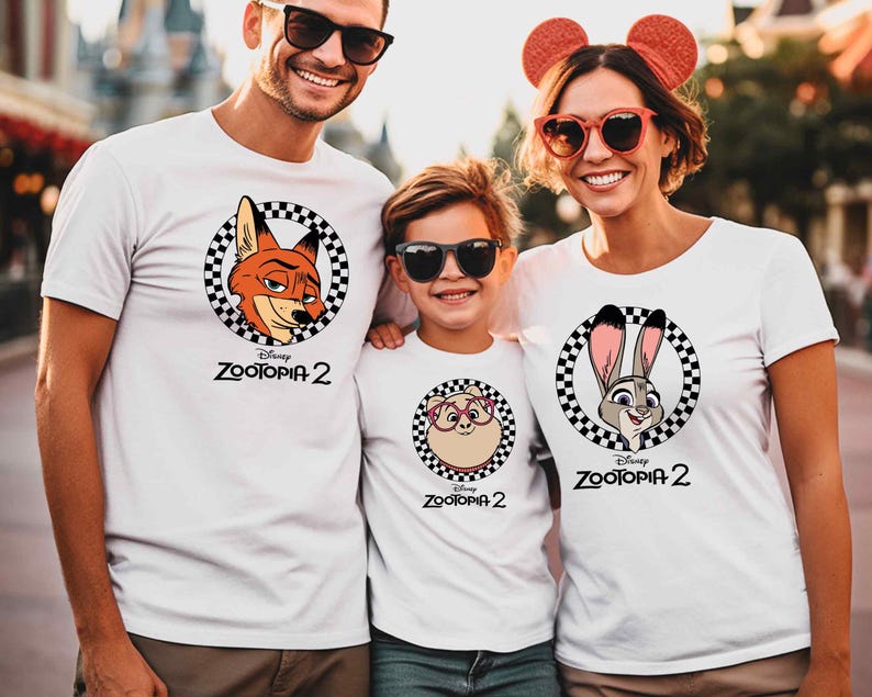 A man, a woman, and a child wearing white t-shirts with Disney characters printed on them, smiling and posing together.