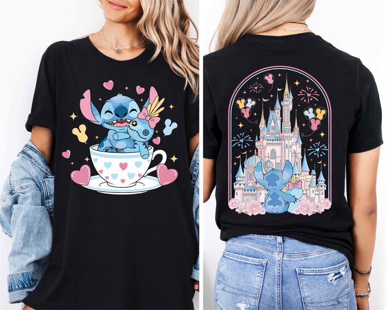 The image is a collage of two photos. In the first photo, a woman is wearing a black t-shirt with a graphic design featuring a blue character, a castle, and hearts. In the second photo, the woman is wearing a black t-shirt with a graphic design featuring a blue character, a castle, and hearts.