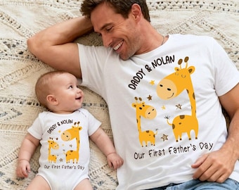 Custom First Father's Day Shirt, Personalized Daddy and Son Matching T-shirt, Our First Father's Day Tee, Giraffe Dad and Baby Matching Tees