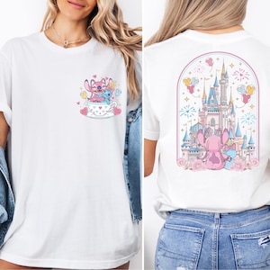 The image is a collage of two photos. In the first photo, a woman is wearing a white t-shirt with a cartoon character and a castle on the back. In the second photo, the woman is wearing a white t-shirt with a castle and a pink bunny on the back.