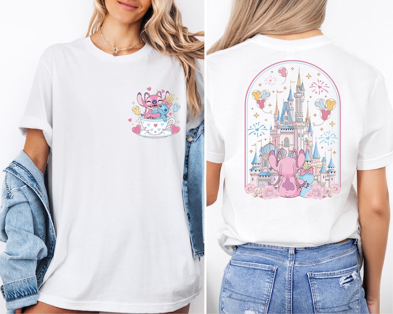 The image is a collage of two photos. In the first photo, a woman is wearing a white t-shirt with a cartoon character and a castle on the back. In the second photo, the woman is wearing a white t-shirt with a castle and a pink bunny on the back.