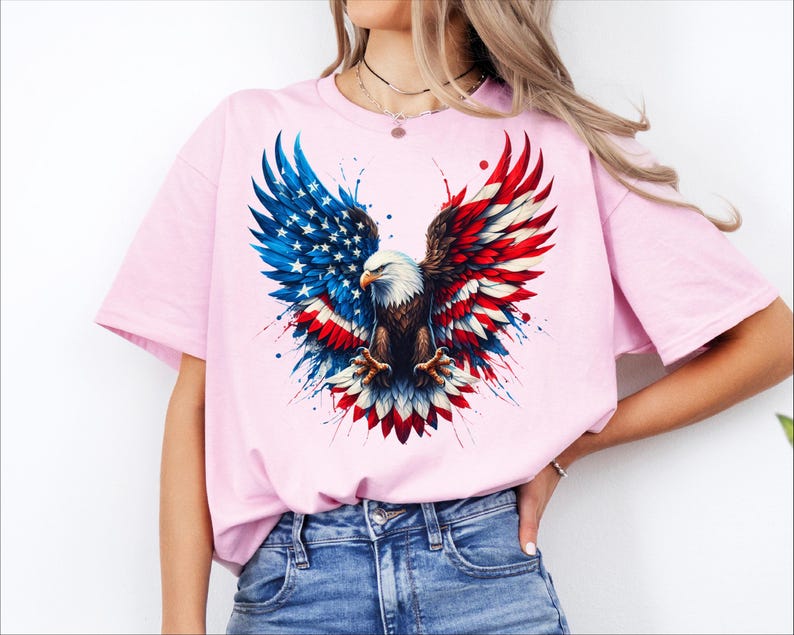 A woman wearing a pink t-shirt with an American eagle design and a patriotic flag pattern.