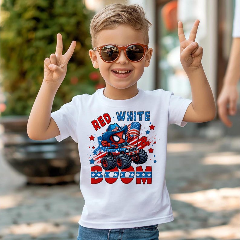 A young boy wearing sunglasses and a white t-shirt with a graphic design is smiling and making a peace sign with his hands.