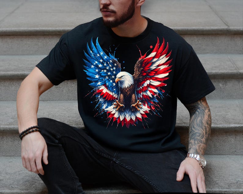 A man wearing a black t-shirt with an American eagle design and a flag pattern.